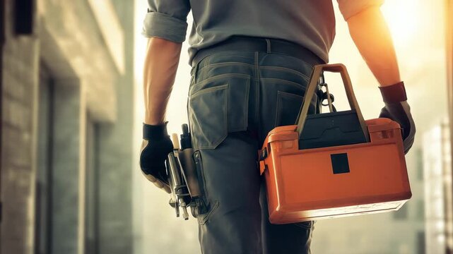 A man walks towards a construction site carrying a toolbox and tools as the sun sets in the background