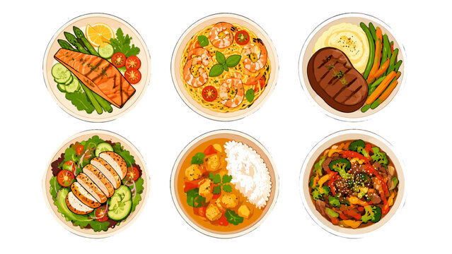 Top view dinner dishes icon set with assorted plated meals