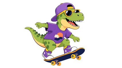 Cool cartoon dinosaur riding a skateboard in street clothes © Alan