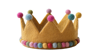 Golden felt crown with colorful pom-poms, isolated on transparent background