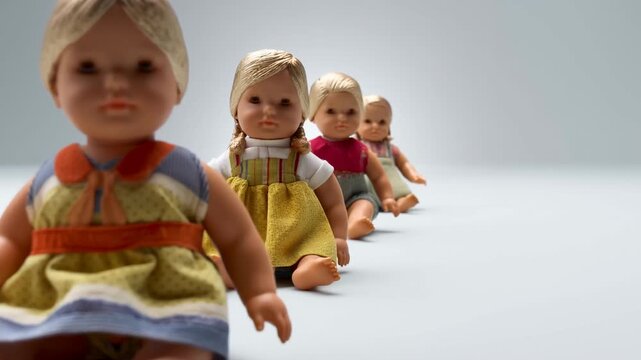 Row of seated dolls in studio lineup with shallow focus and neutral backdrop