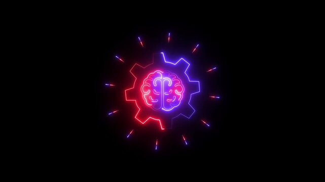 Neon glowing  brain and gear symbolizing artificial intelligence and innovation on black background .4k video motion graphic ,animation ,