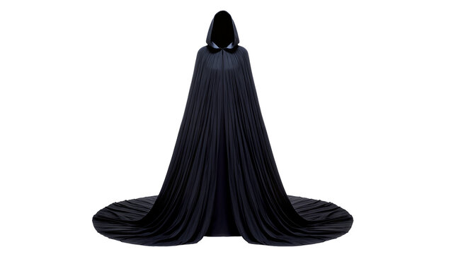 Long black hooded cloak with flowing train, isolated on transparent background