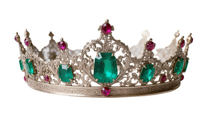 Ornate silver tiara with large emeralds and small rubies, isolated on transparent background © Jonathan