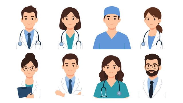 Set of doctor and surgeon avatar portraits in flat vector style