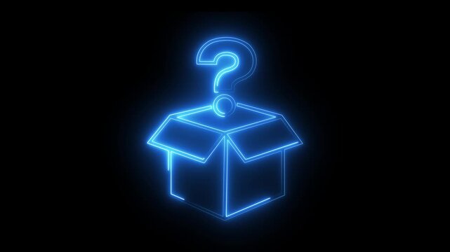 Neon glowing open box with question mark symbol animation for mystery and surprise concepts