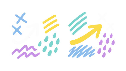 Fototapeta premium Colorful doodle shapes with arrows lines crosses and drops