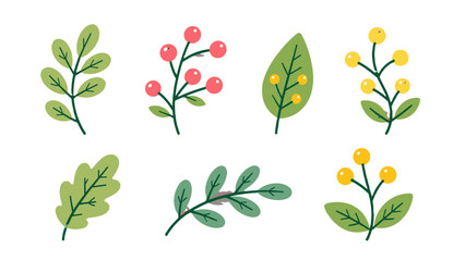 Cute doodle leaves and berry branches botanical set © Alan