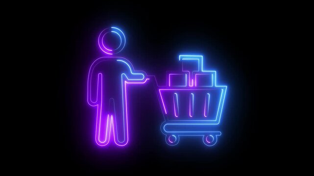 Neon glowing shopping cart with customer animation for e-commerce and retail marketing concept on black background .4k video animation 