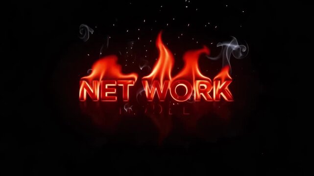 Network model text glowing with intense orange flames and rising wisps of dark smoke in this dramatic digital motion animation footage that highlights connectivity concepts through a powerful visual d