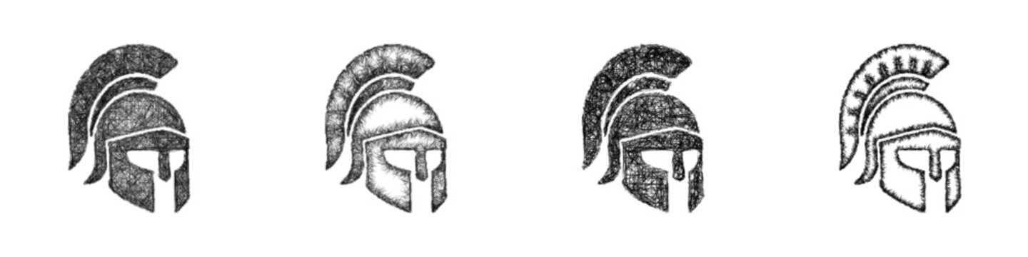 Monochrome sketch cavalry helmet icon design set