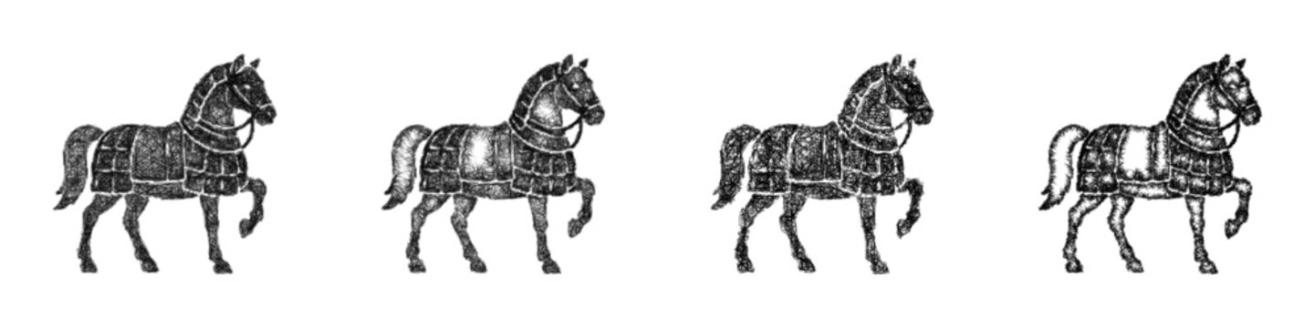 Black and white sketch horse armor icon design set