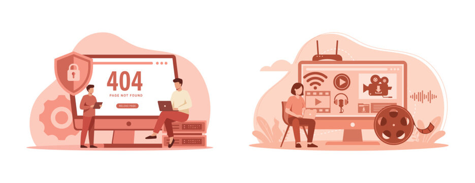 Website error and multimedia streaming service illustration with streaming multimedia internet technology connection platform computer illustration security broadcasting entertainment