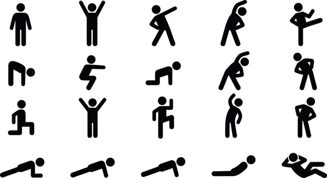 Exercise stick figure icons set showing fitness workout poses stretching and trainingExercise stick figure icons set showing fitness workout poses stretching and training