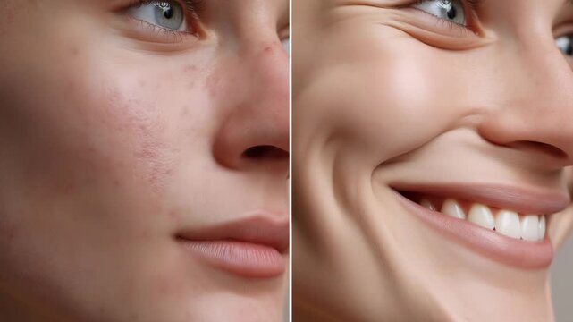 Demonstrating changes in skin texture with skincare treatment in close up over time revealing differences in appearance