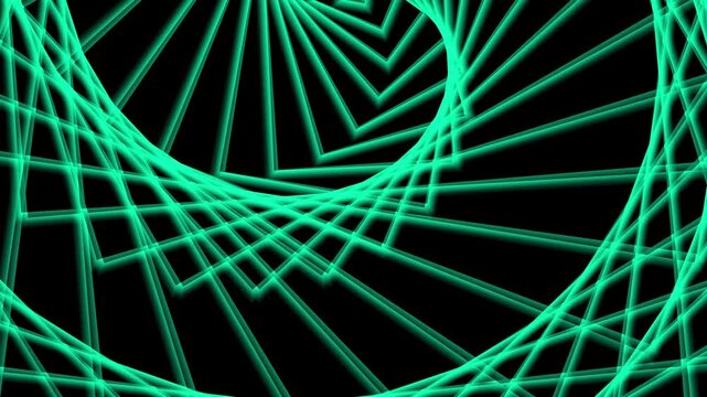 Vibrant geometric digital artwork featuring illuminated cyan lines creating an intricate, abstract pattern with a sense of motion and depth on a dark backdrop, ideal for modern tech themes