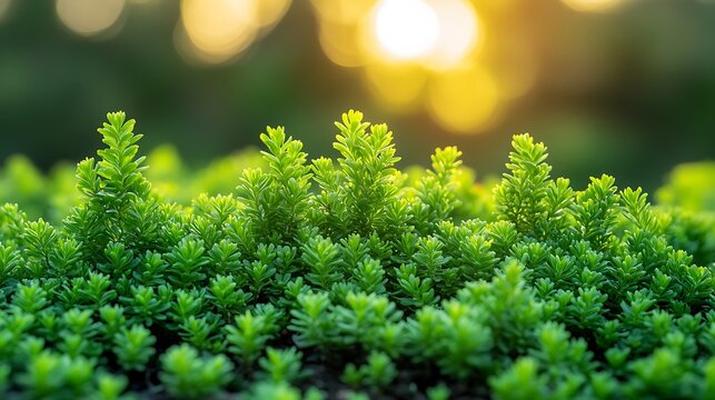 Vibrant green sedum plant illuminated by golden sunset with natural garden background.