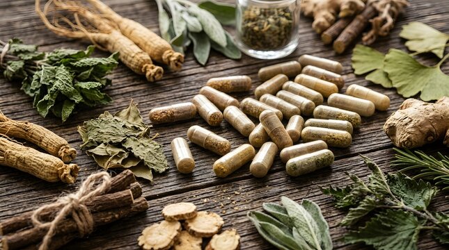 Herbal medicine capsules and various natural ingredients on a rustic wooden table.