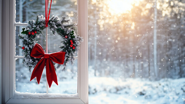 Christmas wreath with red bow hanging on window overlooking winter forest