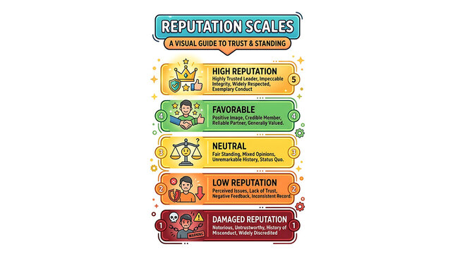 Reputation scales infographic shows a vertical ranking of high to damaged reputation levels with corresponding colorful sections and icons.
