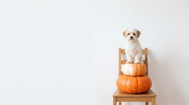Cute small dog sitting on white chair with autumn pumpkins