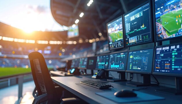 Advanced stadium media control room with multiple data screens.