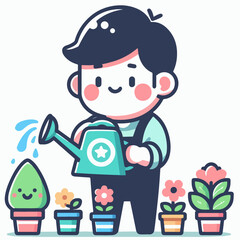 Obraz premium Happy Person Watering Indoor Plants Vector Illustration