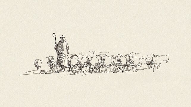Shepherd guiding flock of sheep minimalist pen and ink drawing illustrating concept leadership and community