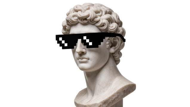 Marble bust of a classical statue wearing pixelated sunglasses, isolated on transparent background