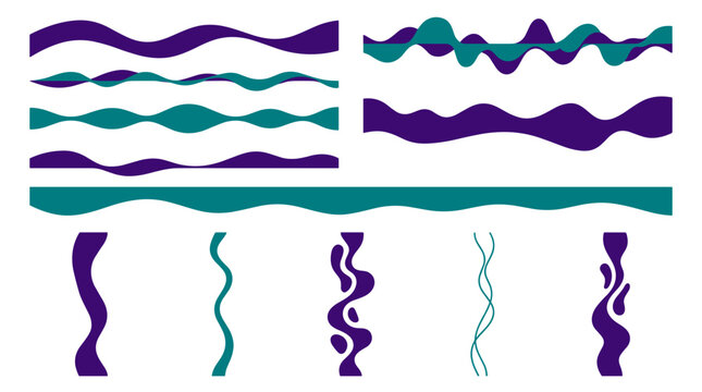 Colorful wavy lines in various shapes and patterns on white background  