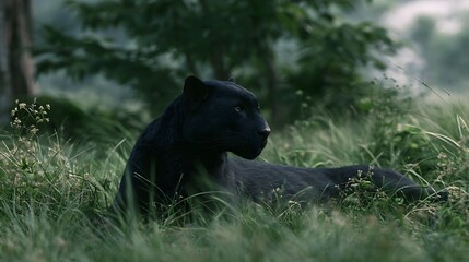 Naklejka premium A majestic panther rests peacefully in tall grass against a serene and beautiful natural backdrop
