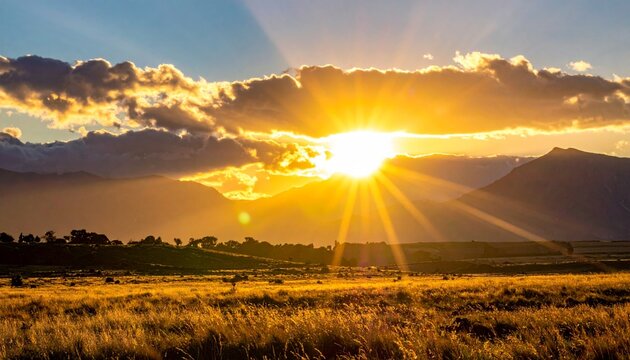 Golden sunrise breaking through dramatic clouds with radiant light rays