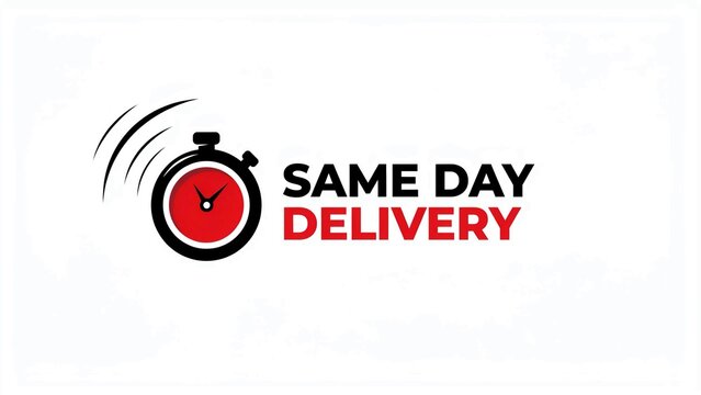 Same day delivery concept with a stopwatch and text on white background