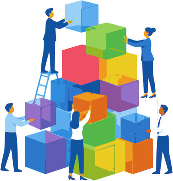 Business team building colorful block tower flat vector illustration