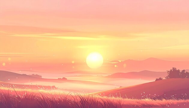 Soft peach sunrise with subtle bokeh light effects, minimalist horizon landscape