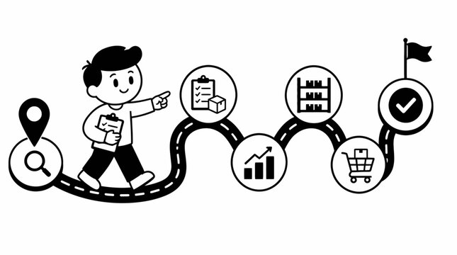Illustrated journey of business process steps and success.