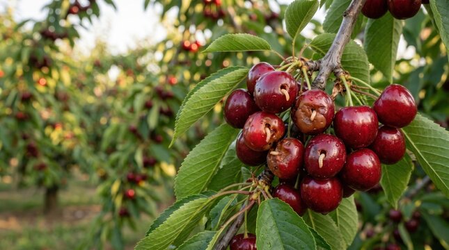 Ripe cherries damaged by worm infestation on a tree branch, representing agricultural pests, fruit contamination, crop loss, and plant health problems	