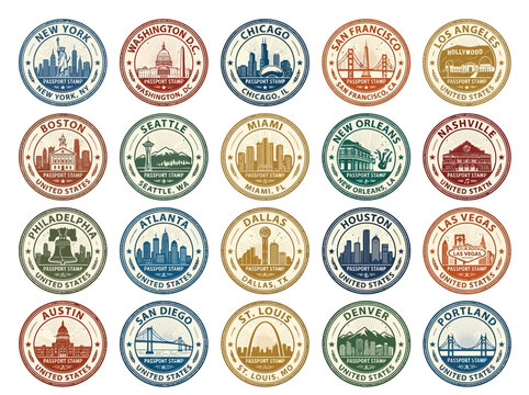 American Landmark Passport Stamp Designs: Vintage Collection of Iconic United States City Skylines and Travel Destinations.