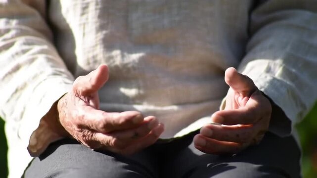 Elderly Hands Meditating in Nature, Close-up Zen Relaxation