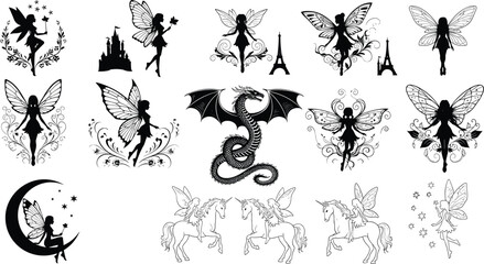 Naklejka premium Fairy Silhouette Collection with Dragon and Unicorn Fantasy Characters Isolated on White Background