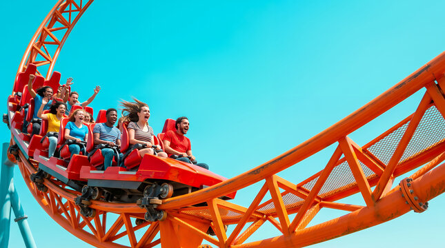 Diverse Group of Excited People Riding a Thrilling Orange Roller Coaster in a Theme Park