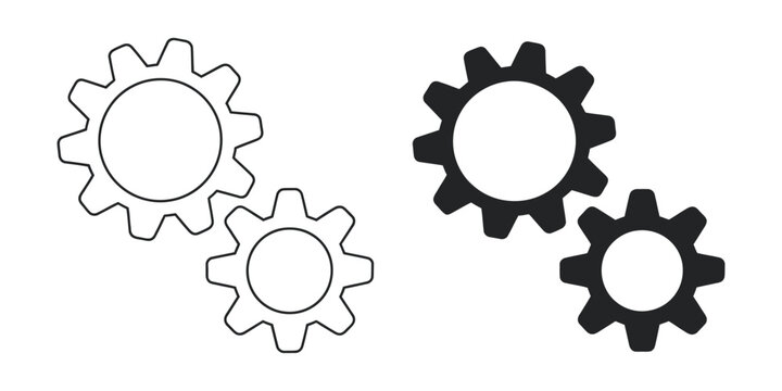 Composition of two cogwheel gears pictogram, line editable stroke vector, mechanical engineering gear system icon set