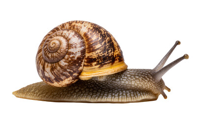 Brown spiral shell snail with textured body, isolated on transparent background © Jonathan