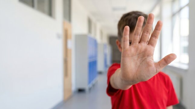 Schoolboy showing stop gesture in a school hallway. Anti bullying, personal boundaries, consent awareness, child protection, peer pressure prevention and student rights concept