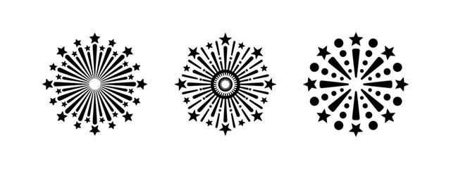 Fireworks burst icon set. Black silhouettes of celebratory explosions. © Lili