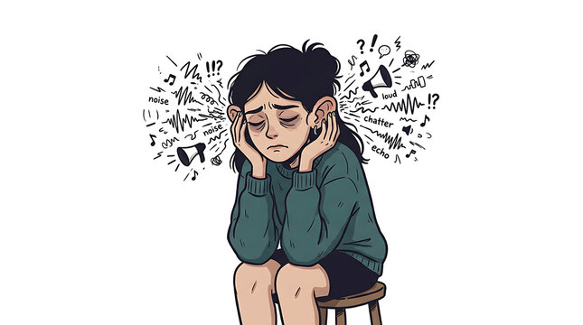 A young girl sits on a stool in distress with question marks