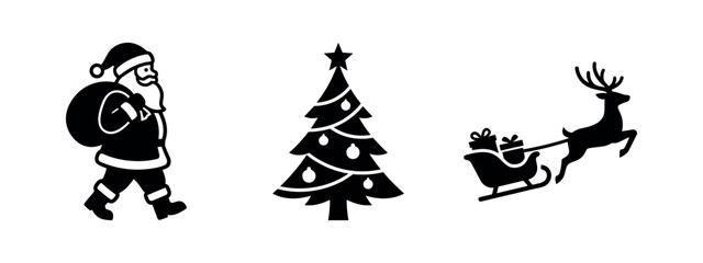 Christmas icons: Santa Claus, Christmas tree, reindeer with sleigh © Lili