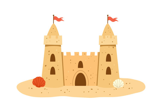 Sandcastle beach summer holiday vacation fortress. Symmetrical architecture with twin towers red flags seashells. Tropical marine coast island family travel ocean resort sunny weather vector
