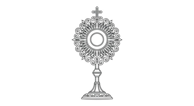 Black and White Line Drawing of a Monstrance with a Cross on Top religious catholic