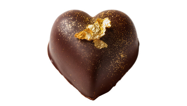 Dark chocolate heart candy with gold leaf and glitter, isolated on transparent background